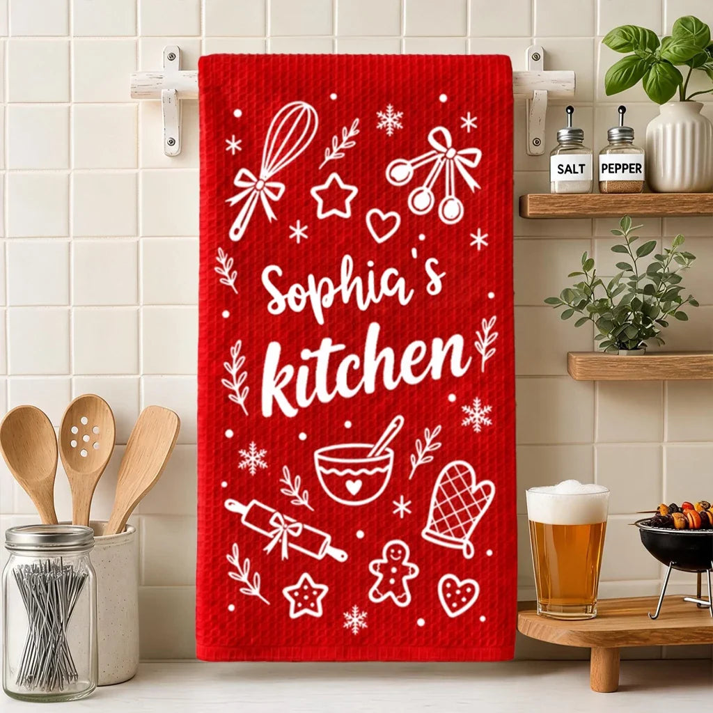 Personalized Red Christmas Kitchen Towel, Festive Baking Design, Unique Gift for Home Cooks