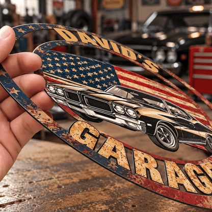 Personalized Shaped Yard Sign with Classic Muscle Car and American Flag, Unique Gift for Dad and Car Enthusiasts