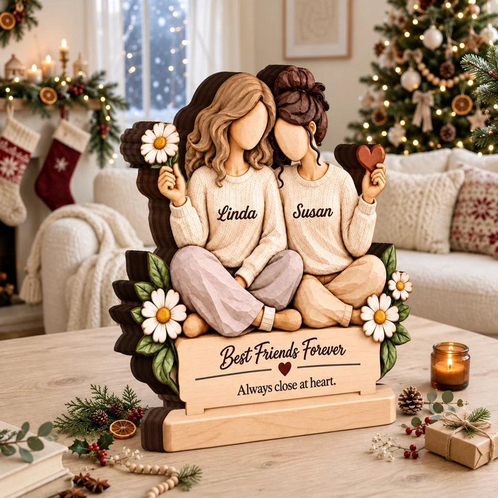 Personalized Best Friends Wooden Plaque with Hand-Carved Look and Cozy Illustrated Design, Custom Friendship Keepsake Gift