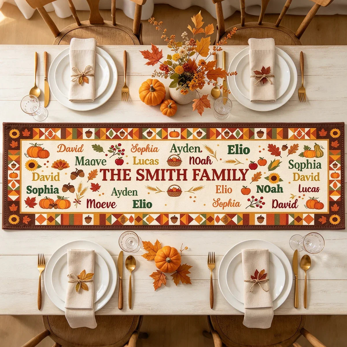 Personalized Fall Pumpkin Sunflower Family Table Runner