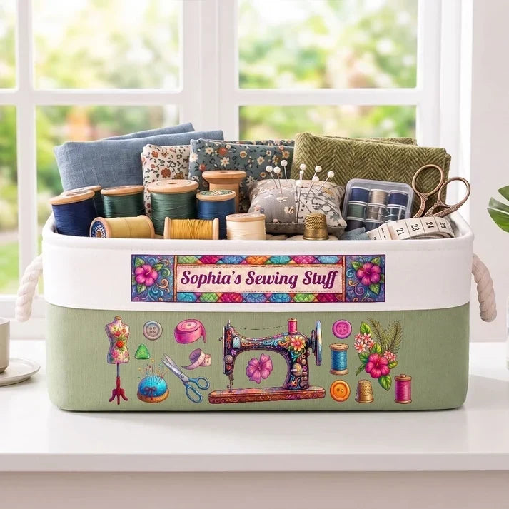 Personalized Sewing Basket with Name, Cotton Linen Rope Storage Bin, Gift for Mom, Grandma or Sewing Lover