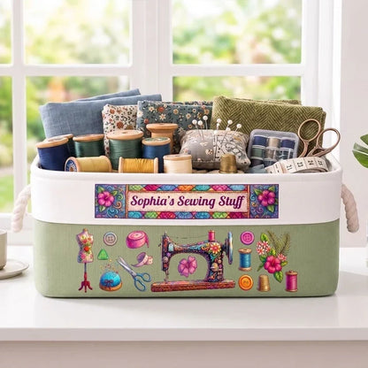 Personalized Sewing Basket with Name, Cotton Linen Rope Storage Bin, Gift for Mom, Grandma or Sewing Lover