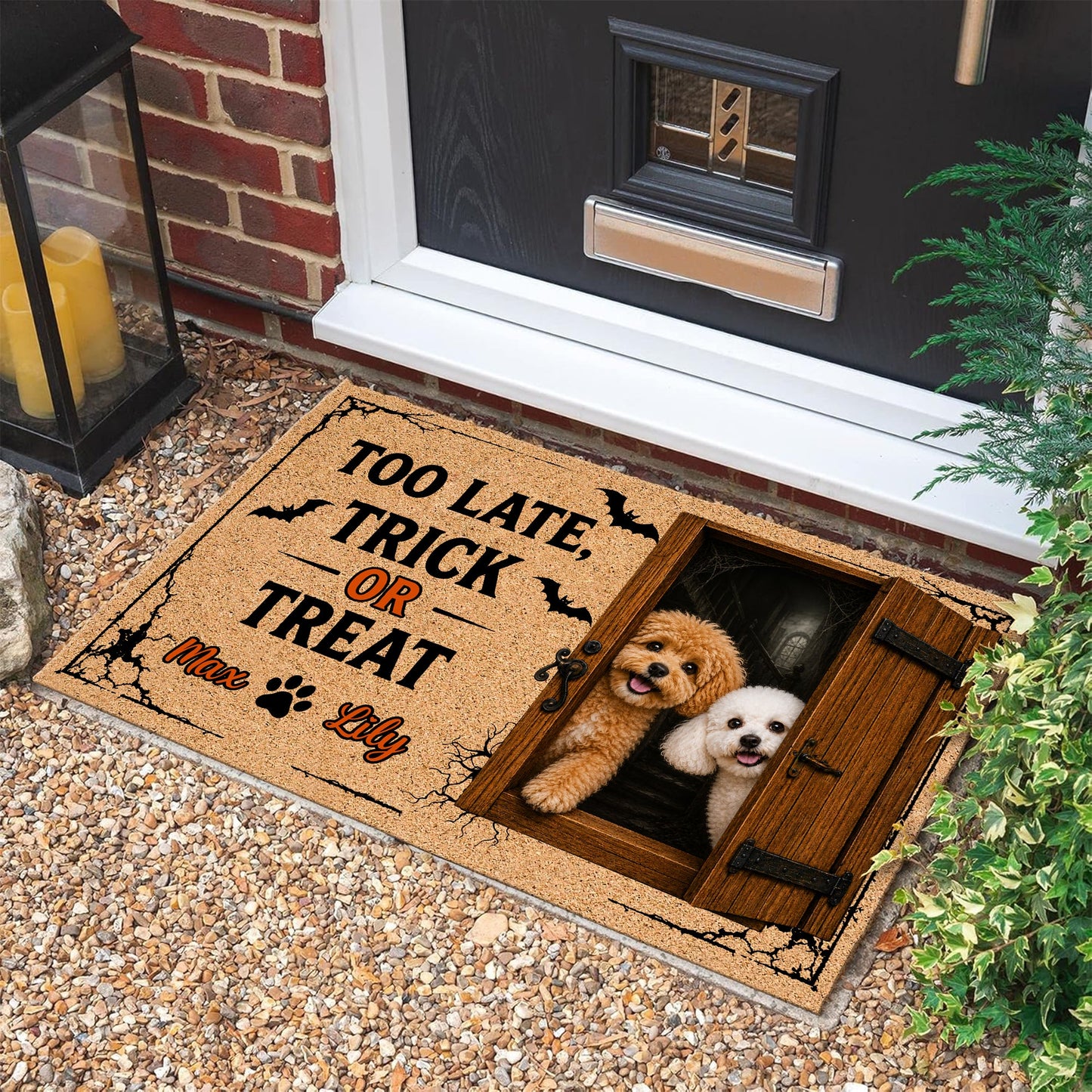 Custom You're Too Late Dog Halloween Doormat