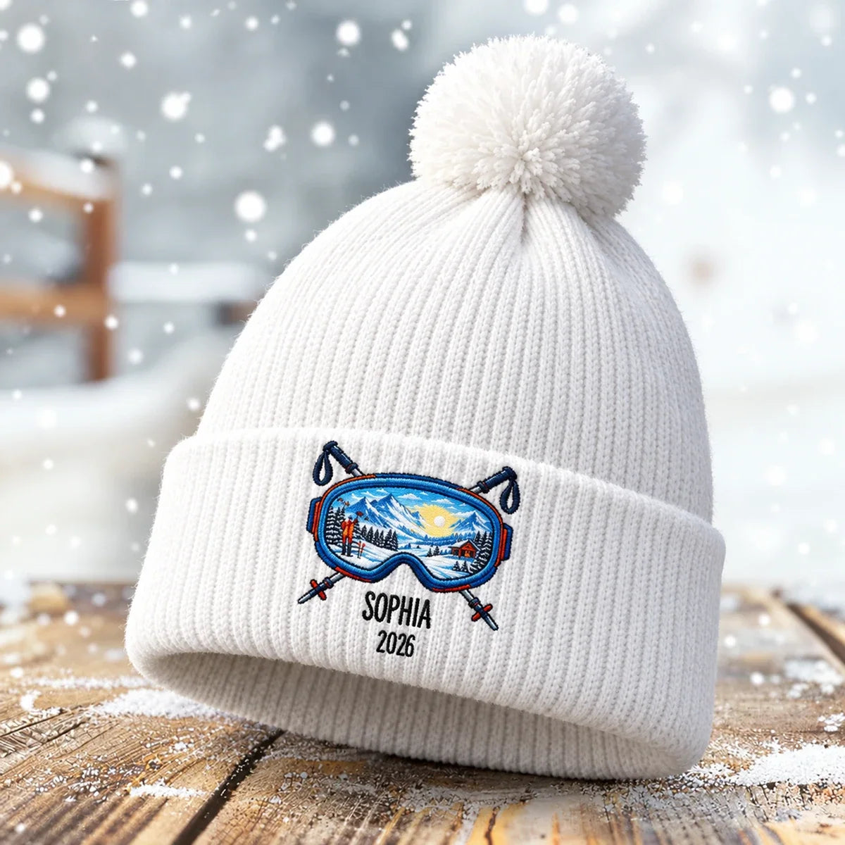 Custom Name and Year Ski Goggles Embroidered Pom Pom Beanie, Alpine Mountain Winter Hat, Gift for Ski Lovers