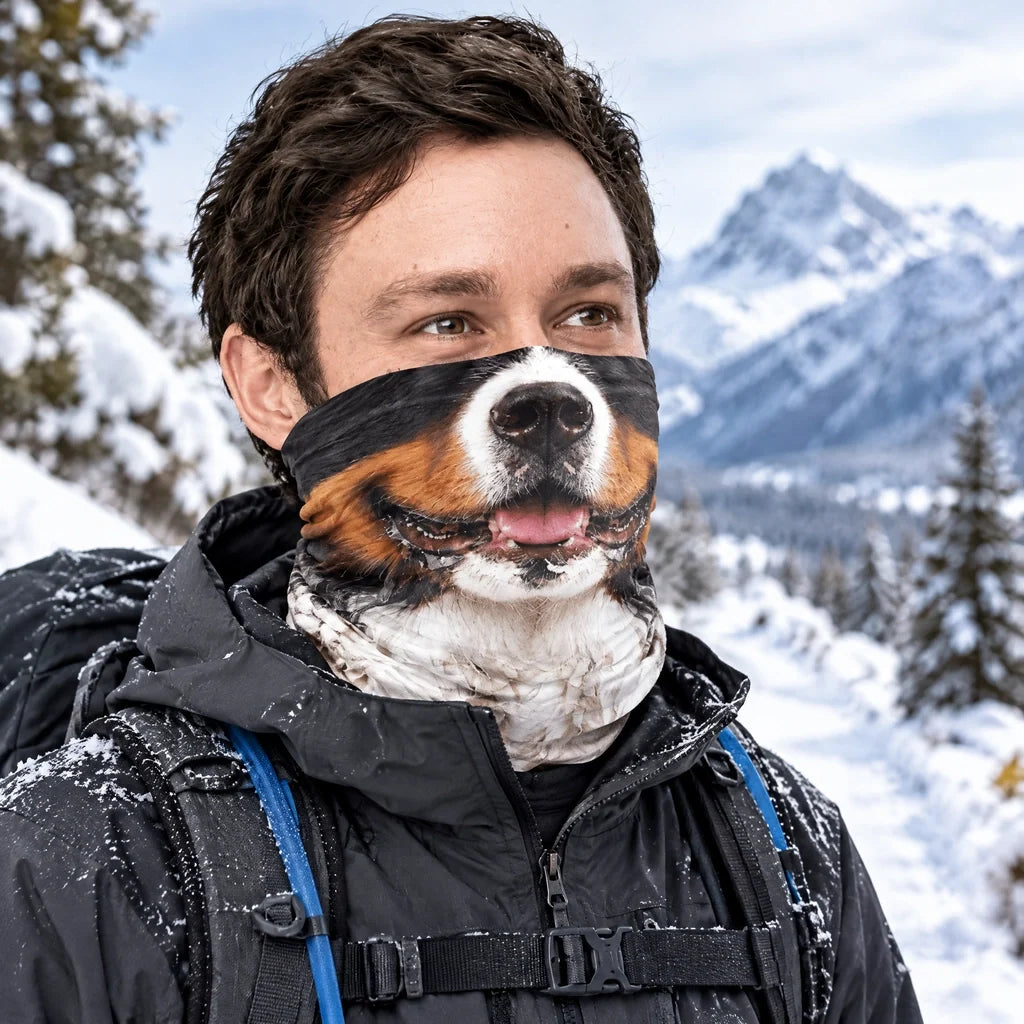 Personalized Printed Neck Gaiter with Playful Gray Dog Face Dog Lovers