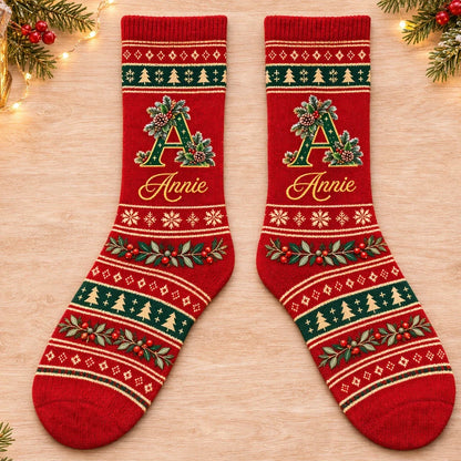Personalized Holly Snowflakes Cozy Winter Holiday Crew Socks