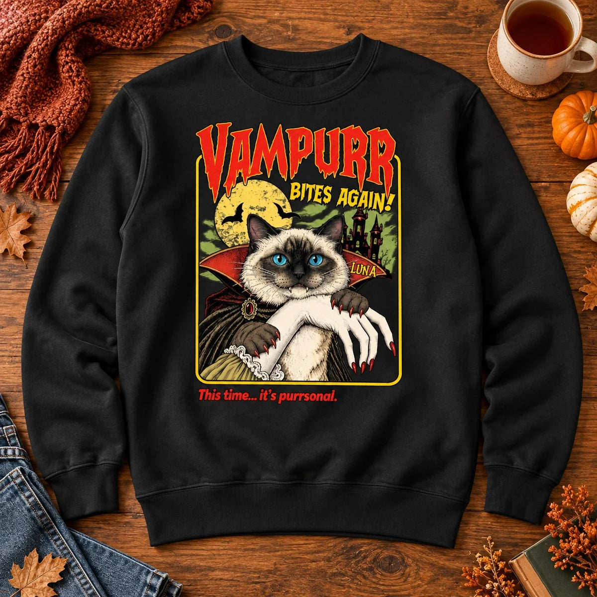 Personalized Vampire Cat Haunted Castle Sweatshirt