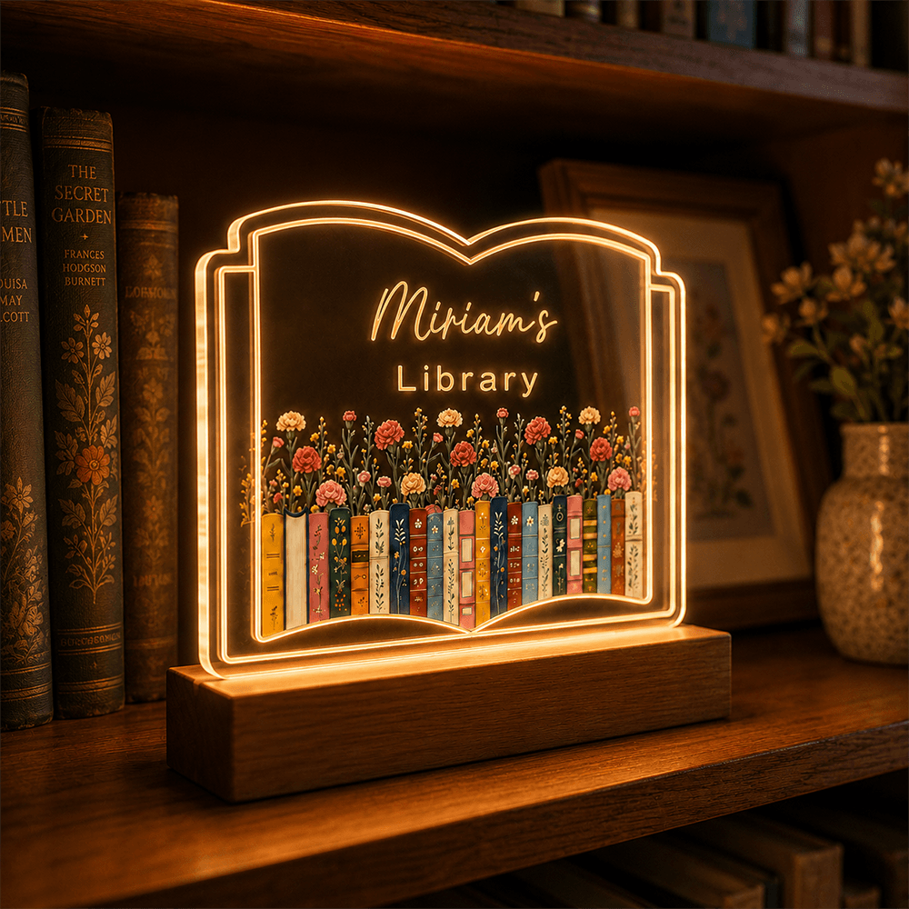 Personalized Birth Flower LED Book Plaque, Custom Name Library Light, Unique Gift for Book Lovers
