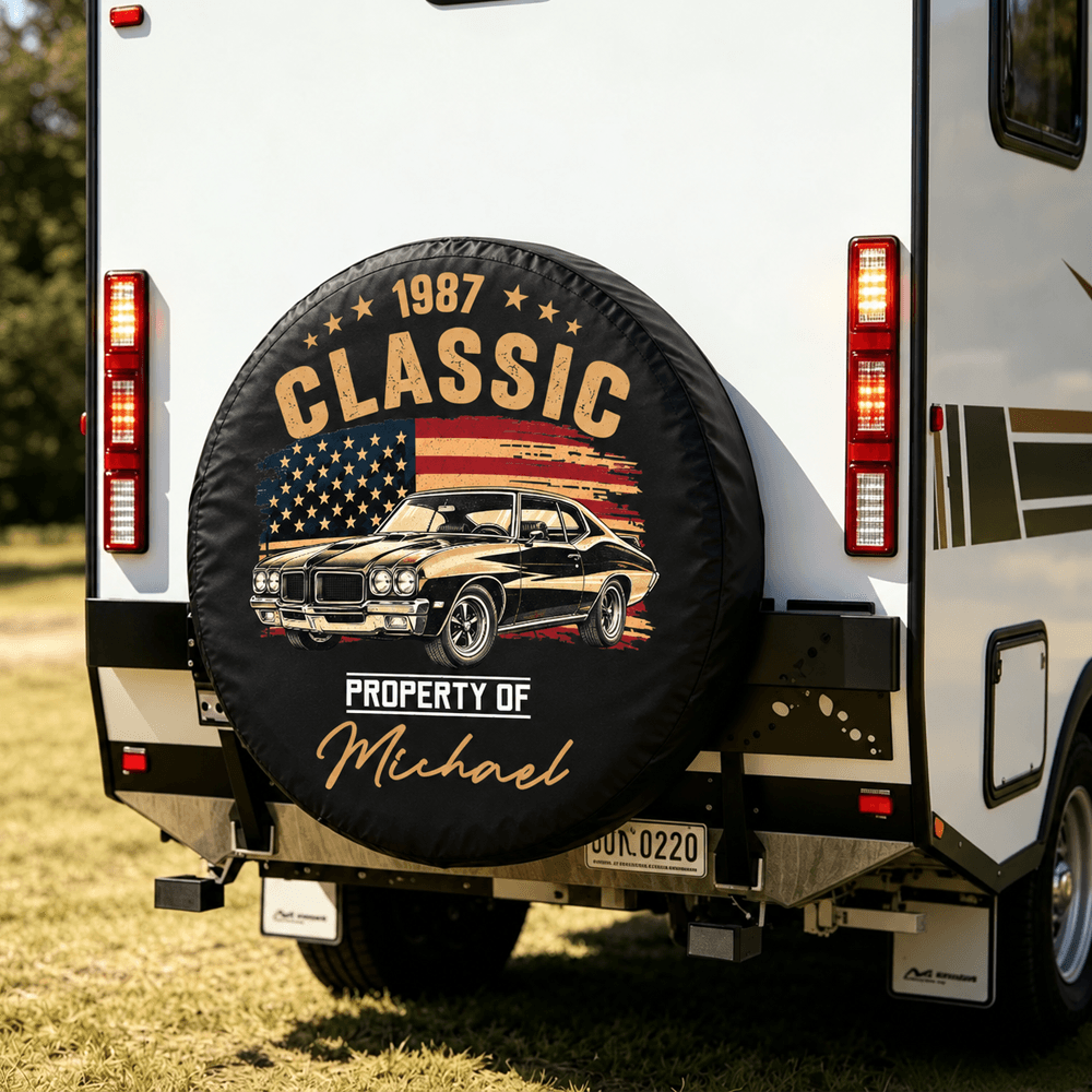 Personalized Leather Spare Tire Cover, Vintage Muscle Car and US Flag Design, Unique Gift for Car Enthusiasts
