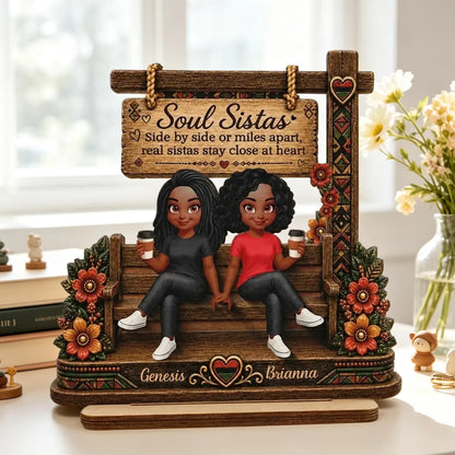 Personalized Layered Wooden Plaque, Soul Sistas Sharing Coffee on a Rustic Bench, Unique Gift for Best Friend