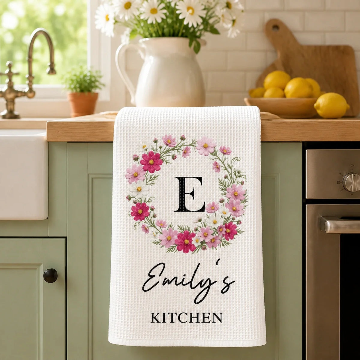 Personalized Birth Flower Kitchen Towel with Custom Name, Floral Wreath Tea Towel Gift for Home Cooks