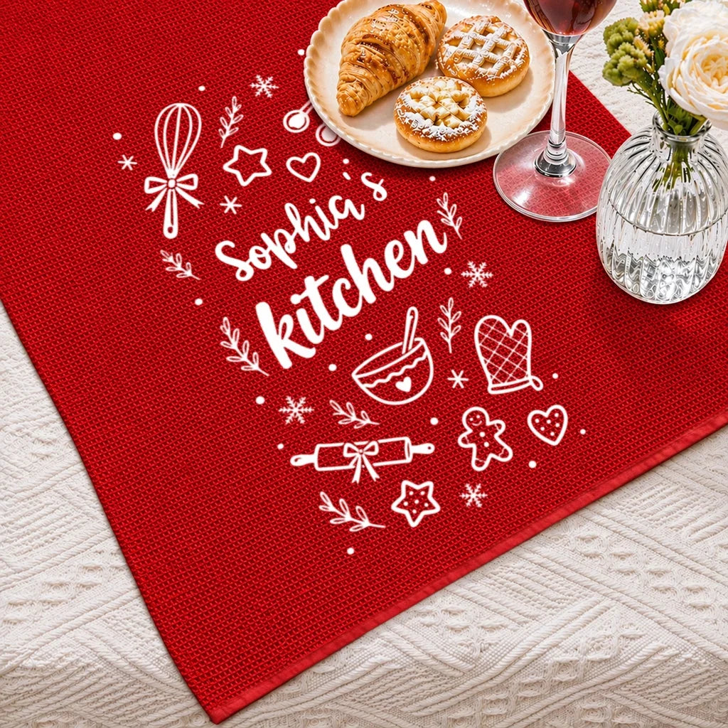 Personalized Red Christmas Kitchen Towel, Festive Baking Design, Unique Gift for Home Cooks