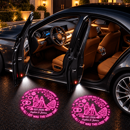 Car Door Projector Lights, Personalized Pink Wedding Scene Beside an Open Car, Creative Romantic Gift for Couples
