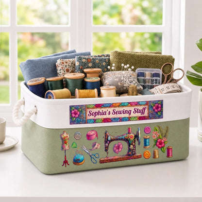 Personalized Sewing Basket with Name, Cotton Linen Rope Storage Bin, Gift for Mom, Grandma or Sewing Lover