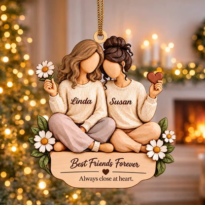 Personalized Best Friends Wooden Plaque with Hand-Carved Look and Cozy Illustrated Design, Custom Friendship Keepsake Gift
