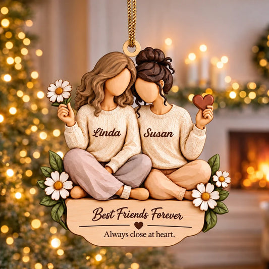 Best Friends Forever Personalized Wooden Ornament, Friends Sitting Close, Creative Heartfelt Gift for a Friend