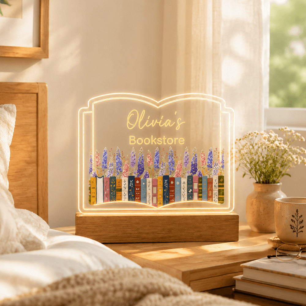 Personalized Birth Flower LED Book Plaque, Custom Name Library Light, Unique Gift for Book Lovers