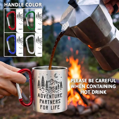 Custom Adventure Partners Stainless Steel Carabiner Mug, Personalized Couple Gift, Multiple Handle Colors