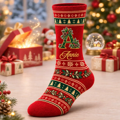 Personalized Holly Snowflakes Cozy Winter Holiday Crew Socks