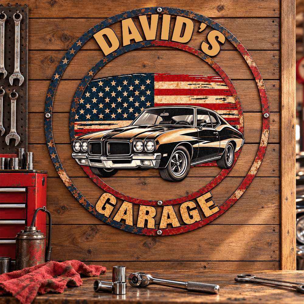 Personalized Shaped Yard Sign with Classic Muscle Car and American Flag, Unique Gift for Dad and Car Enthusiasts