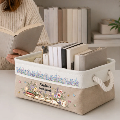 Personalized Rope Basket with Floral Book Nook Art, Pink Reading Corner Storage, Unique Gift for Girls
