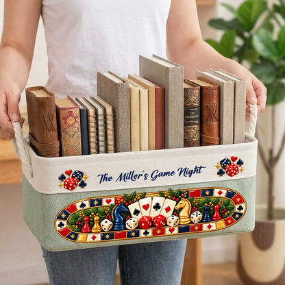 Personalized Cotton Linen Rope Basket, Family Playing Board Games, Unique Game Night Gift