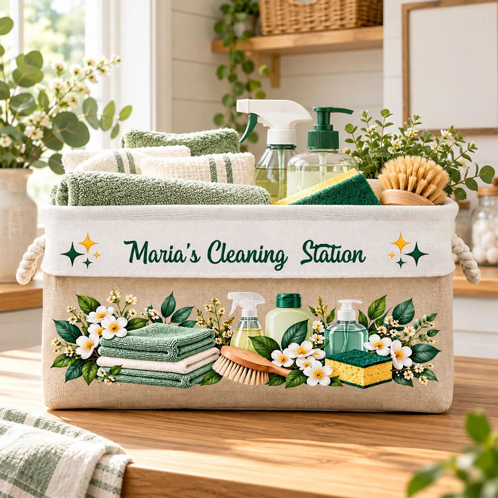Personalized Rope Basket with Floral Cleaning Design for a Sunlit Home, Unique Gift for Organizers