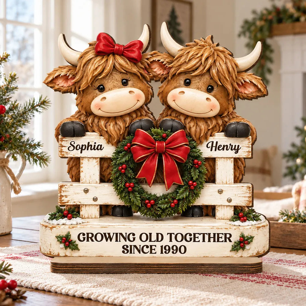 Personalized Highland Cow Couple Christmas Fence Layered Wood Plaque
