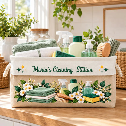 Personalized Rope Basket with Floral Cleaning Design for a Sunlit Home, Unique Gift for Organizers