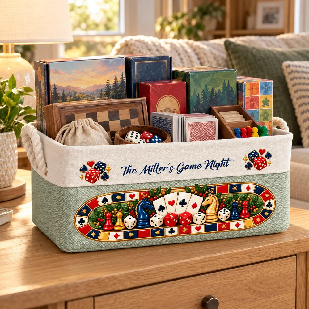Personalized Cotton Linen Rope Basket, Family Playing Board Games, Unique Game Night Gift