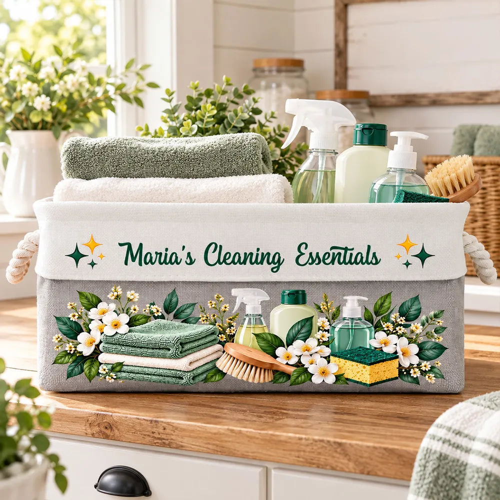 Personalized Rope Basket with Floral Cleaning Design for a Sunlit Home, Unique Gift for Organizers