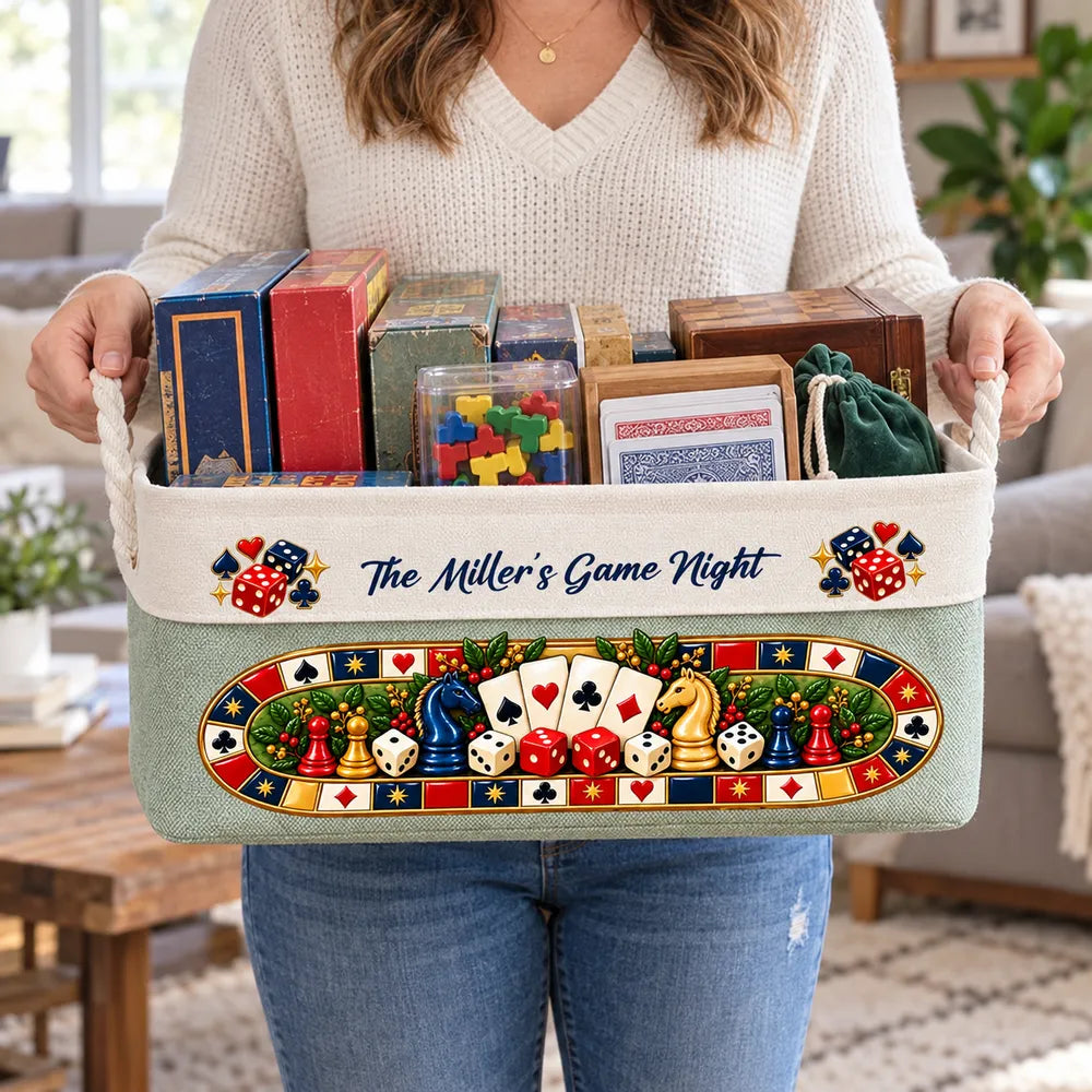 Personalized Cotton Linen Rope Basket, Family Playing Board Games, Unique Game Night Gift
