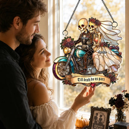 Personalized Skeleton Newlyweds Motorcycle Suncatcher