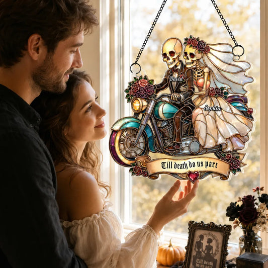 Personalized Skeleton Newlyweds Motorcycle Suncatcher
