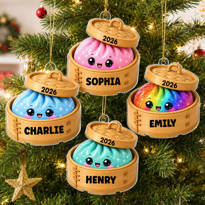 Personalized Acrylic Ornament, Cute Squishy Dumpling in Bamboo Steamer, Unique Christmas Gift for Kids