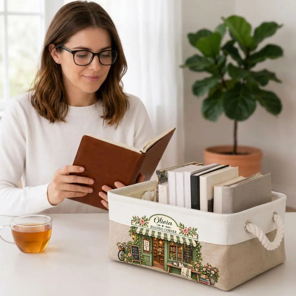 Cotton Linen Rope Basket, Personalized Cozy Bookshop Art, Creative Gift for Mom or Friend Who Loves Reading
