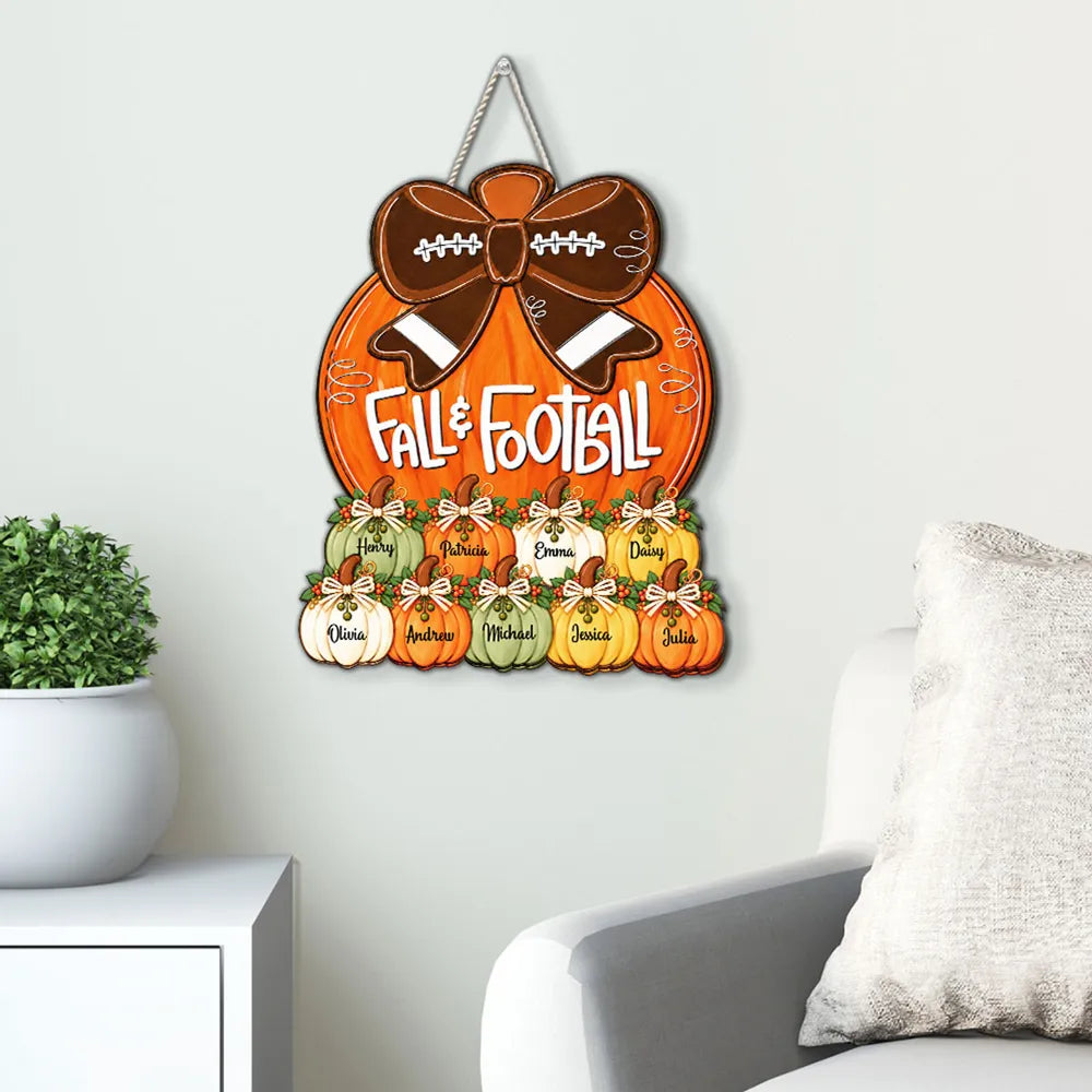 Personalized Wooden Sign with Fall Pumpkins and Football Bow, Unique Family Gift for Football Fans