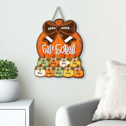 Personalized Wooden Sign with Fall Pumpkins and Football Bow, Unique Family Gift for Football Fans