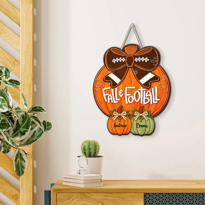Personalized Wooden Sign with Fall Pumpkins and Football Bow, Unique Family Gift for Football Fans