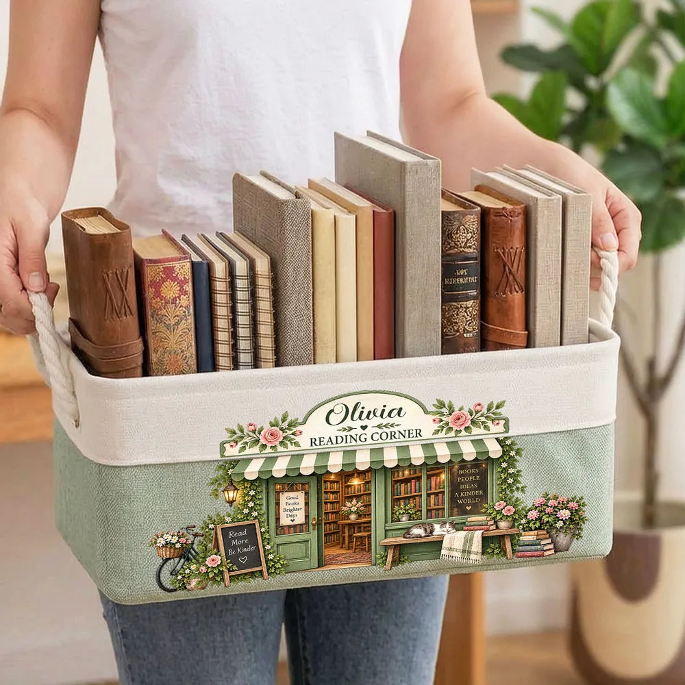 Cotton Linen Rope Basket, Personalized Cozy Bookshop Art, Creative Gift for Mom or Friend Who Loves Reading