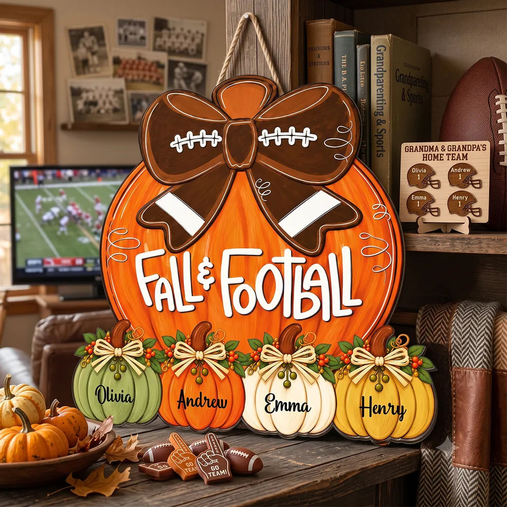 Personalized Wooden Sign with Fall Pumpkins and Football Bow, Unique Family Gift for Football Fans