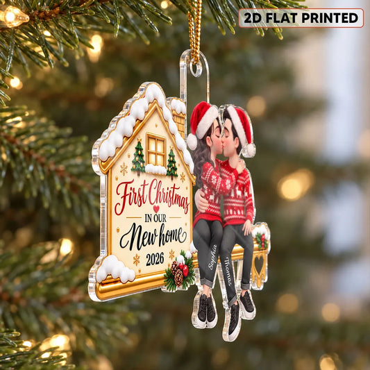 First Christmas Acrylic Ornament, Personalized Kissing Couple at Their New Home, Creative Romantic Gift