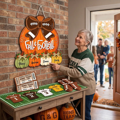 Personalized Wooden Sign with Fall Pumpkins and Football Bow, Unique Family Gift for Football Fans