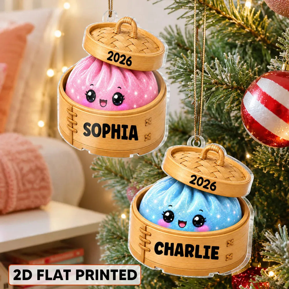 Personalized Acrylic Ornament, Cute Squishy Dumpling in Bamboo Steamer, Unique Christmas Gift for Kids