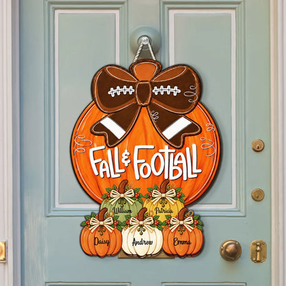 Personalized Wooden Sign with Fall Pumpkins and Football Bow, Unique Family Gift for Football Fans