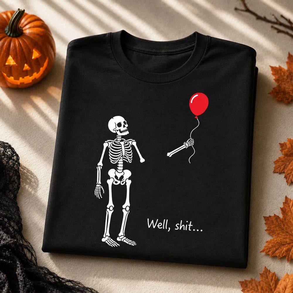 Personalized Funny Skeleton Classic Tee, Red Balloon Halloween Shirt, Unique Gift for Friends