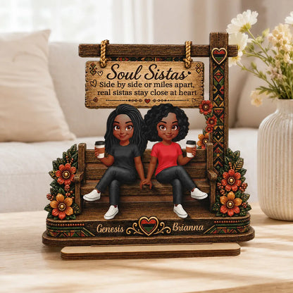 Personalized Layered Wooden Plaque, Soul Sistas Sharing Coffee on a Rustic Bench, Unique Gift for Best Friend