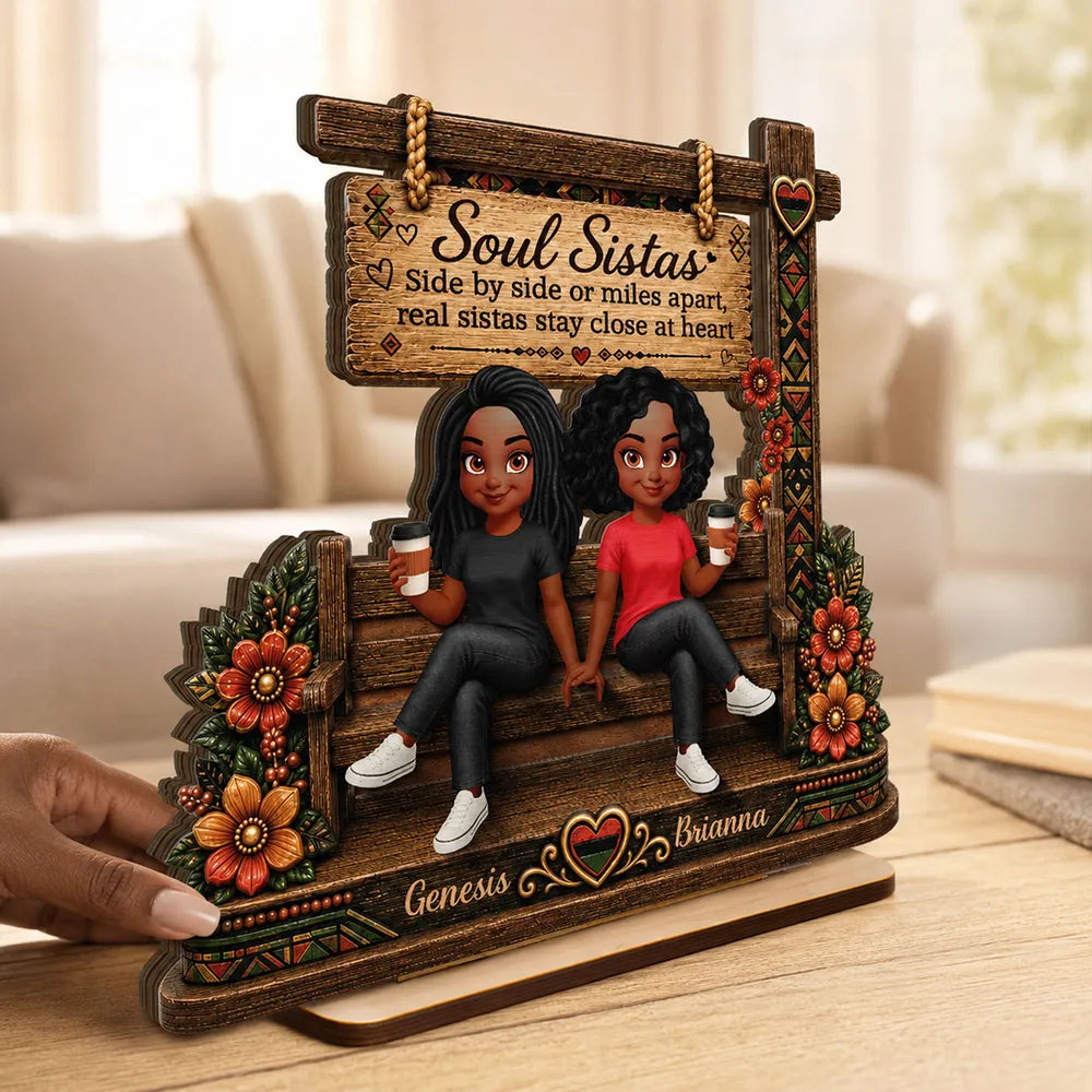 Personalized Layered Wooden Plaque, Soul Sistas Sharing Coffee on a Rustic Bench, Unique Gift for Best Friend