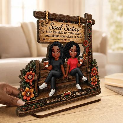 Personalized Layered Wooden Plaque, Soul Sistas Sharing Coffee on a Rustic Bench, Unique Gift for Best Friend