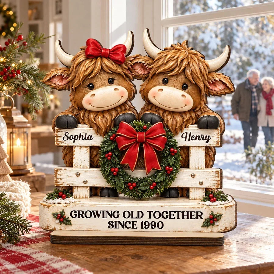 Personalized Highland Cow Couple Christmas Fence Layered Wood Plaque